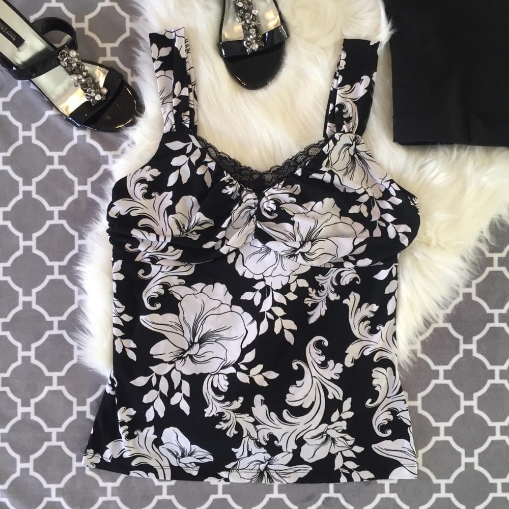 WHBM Black and White Floral Lace Sleeveless Top